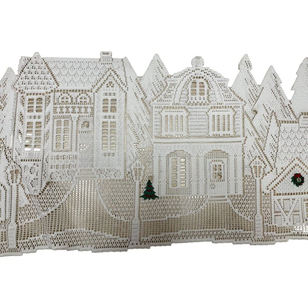 Lace Christmas Village Winter Scene Wall Hanging Table Runner With Tree Embroide